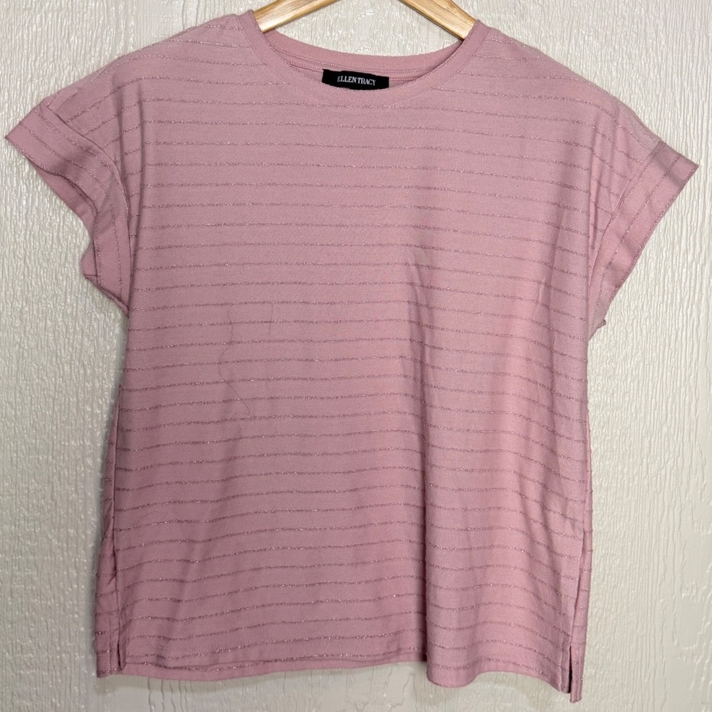 Ellen Tracy Womens Pink Metallic Glitter Striped Cuffed Short Sleeve Top Large
